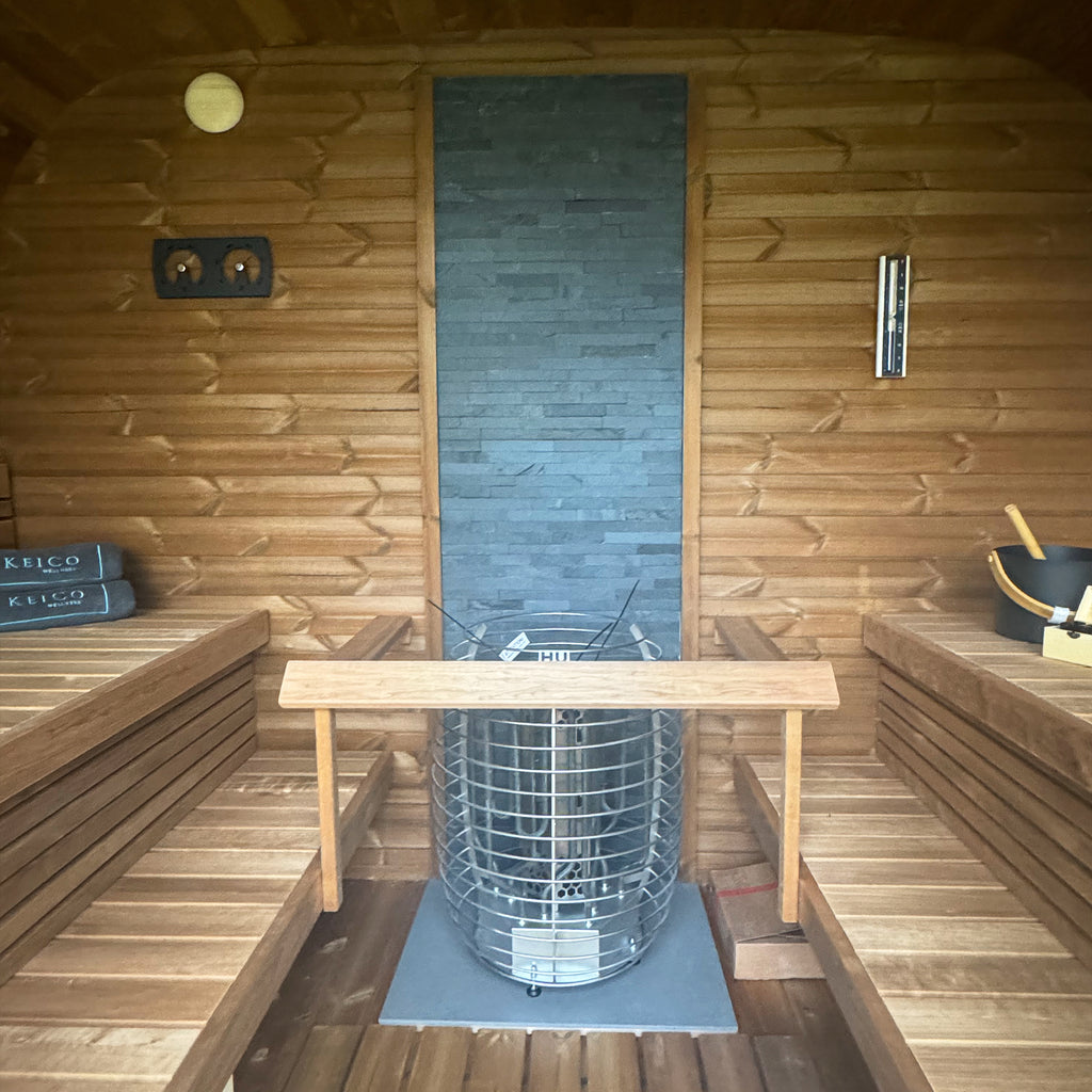 KeiCo Premium Glass Fronted Cube Sauna Interior with 12KW HUUM Hive Sauna Heater & Accessories