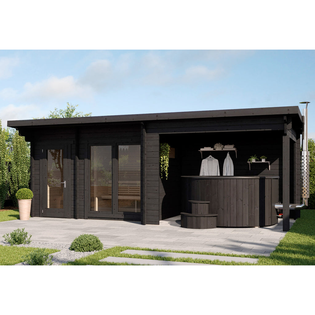 Luxurious KeiCo Spa Retreat Outdoor Sauna with HUUM Drop 9KW Heater and WiFi/APP Control in contemporary ebony finish.