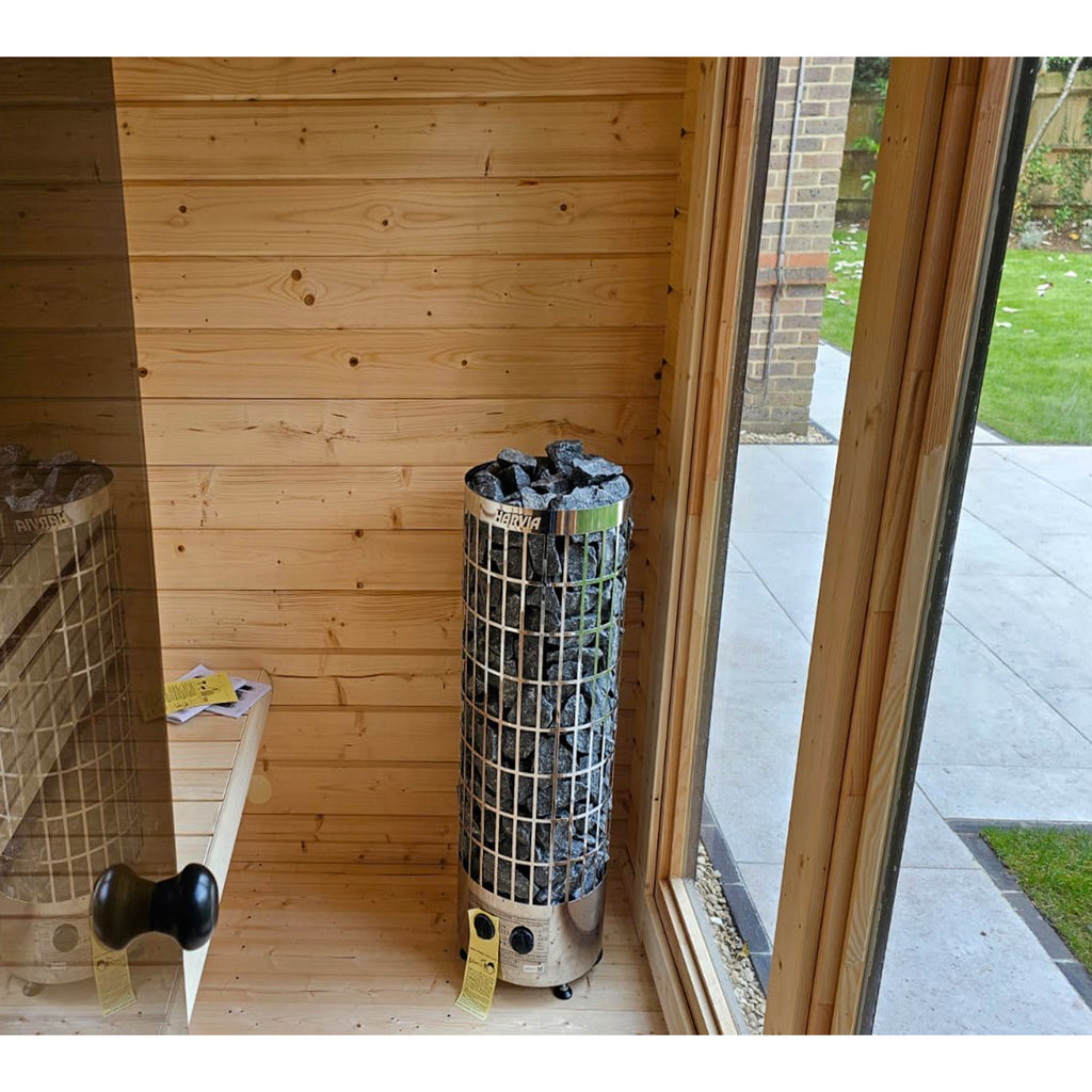 Interior View of KC ISLA Sauna with Glass Front and Spacious Design