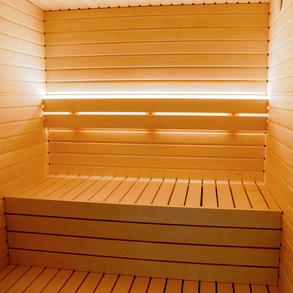 Interior of KC Lumi Sauna – 2-Tier Bench Design with Backrests for Maximum Comfort