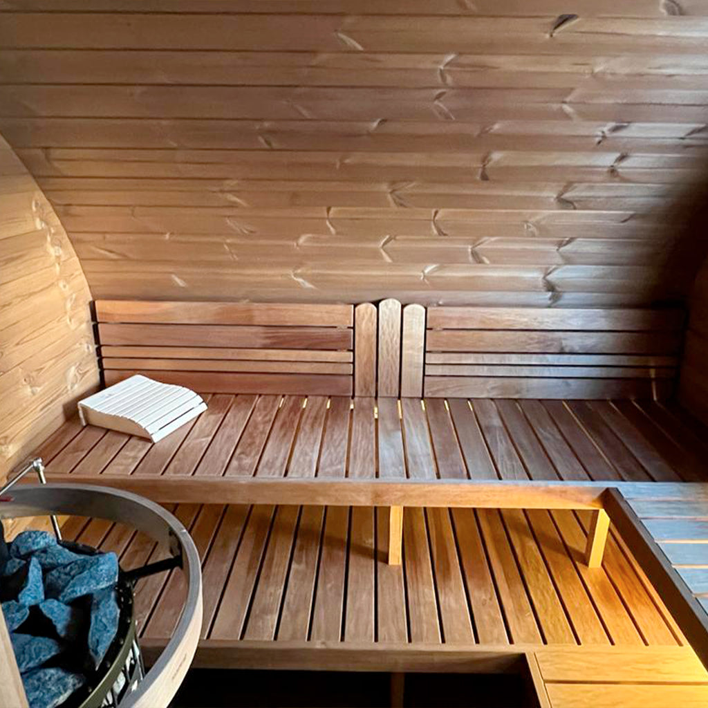 Sauna Room in KC Serenity Wellness Cabin – Relaxing Two-Tier Bench Design