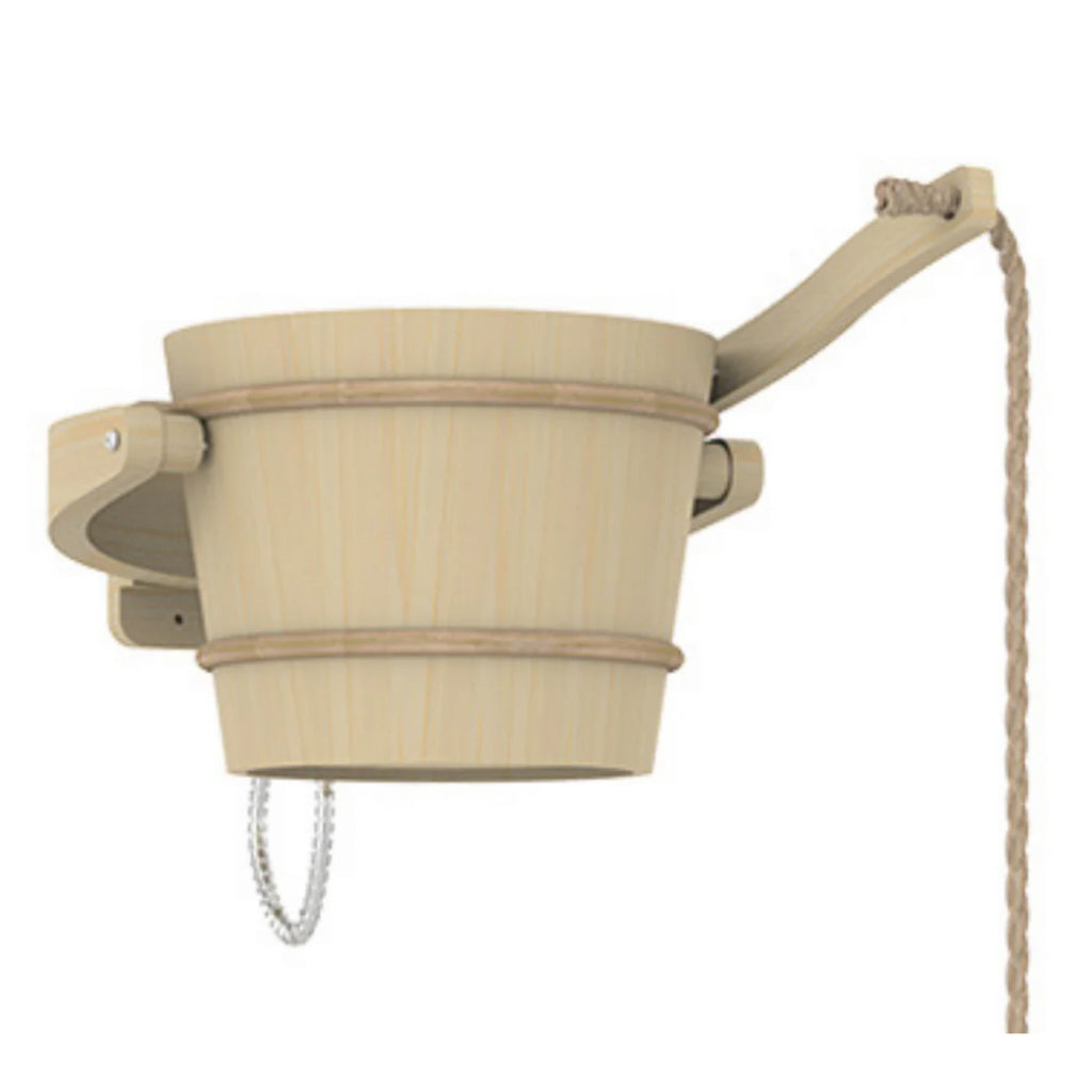 KeiCo Waterfall Pine Cold Pail Shower Installed Outdoors for Post-Sauna Refreshment