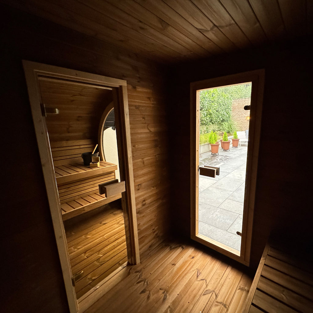 Spacious Changing Room in The KeiCo Raiki Outdoor Sauna for Garden Use