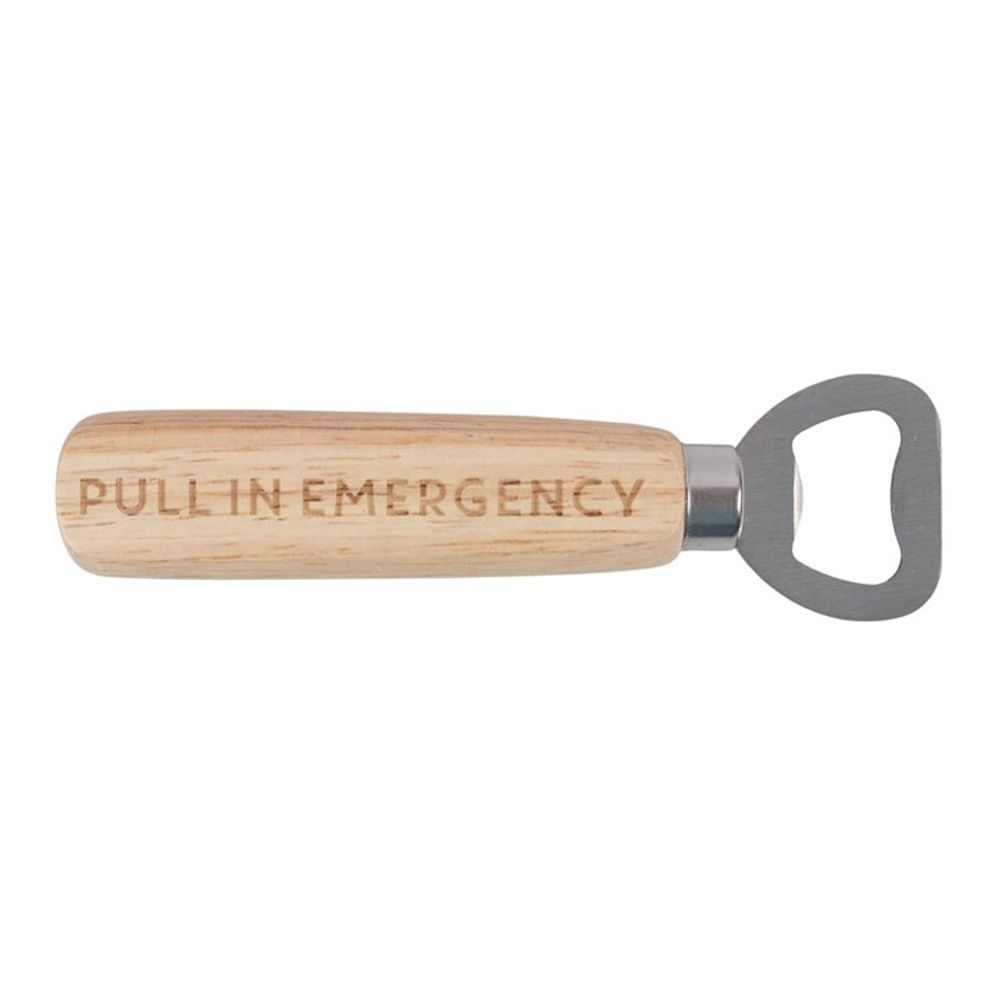 KeiCo's 'Pull In Emergency' Wooden Bottle Opener, showcasing its wooden handle and amusing text.